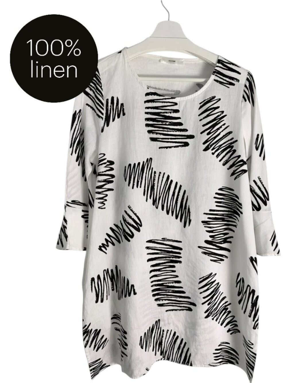 UCHUU White Black 100% Linen Abstract Print Tunic Dress Oversized s/m